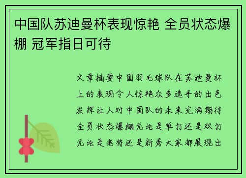中国队苏迪曼杯表现惊艳 全员状态爆棚 冠军指日可待