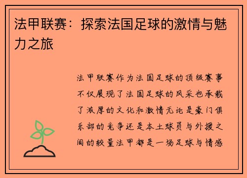 法甲联赛：探索法国足球的激情与魅力之旅
