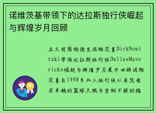诺维茨基带领下的达拉斯独行侠崛起与辉煌岁月回顾